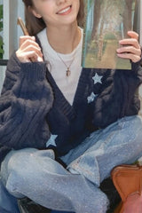 Y2k Star Embroidery Navy Knitted Women's Casual Cardigan Sweater