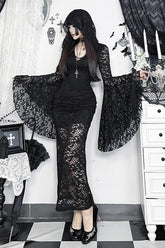 Dark Gothic Lace Flared-sleeve Hollow-out Hem Maxi Dress