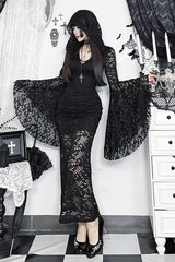 Dark Gothic Lace Flared-sleeve Hollow-out Hem Maxi Dress