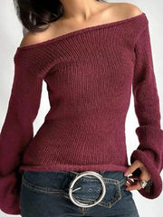 Premium Off Shoulder Solid Color Slim Long Sleeve Sweater