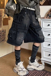 Street Punk Multi-Pocket Cargo Denim Shorts
