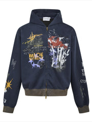 Hip-hop Graffiti Print Zip-up Hooded Coat