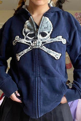 Skull Print Zip Up Hoodie
