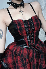 Dark AltGoth Plaid Pu Patchwork Corset Spaghetti Strap Mini Dress