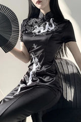 Dark Retro Disc Buckle Embroidered Slim Maxi Dress