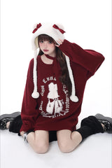 Christmas Bunny Lantern Sleeve Oversized Knit Sweater