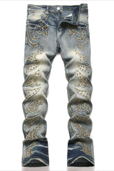 Retro Red Plaid Embroidered Studded Bootcut Denim Pants