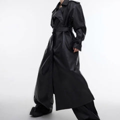 Waterproof Belted Leather Long Coat