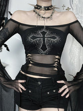 Cross Rhinestone Flare Sleeve Mesh Top