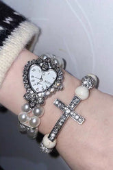 Y2K Cross Rhinestone Pearl Heart Bracelet