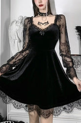 Dark Gothic Solid Color Bandeau Long - sleeved Lace - stitched Mini Dress