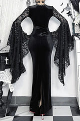 Dark Gothic Lace Fitted Flared-sleeve Hollow-out Maxi Dress