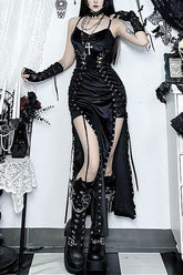 Gothic Lace Up High Slit Slim Maxi Dress