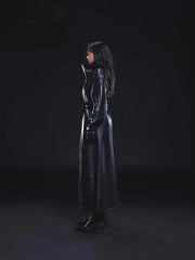 Double-Slit PU Leather Long Coat