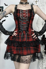 Red Plaid Lace Patchwork PU Strap High Waist Mini Dress