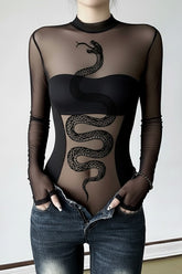 Sheer Dark Snake Print Bodysuit Mesh Top