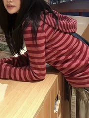 Vintage Preppy Asymmetry Stripe Slim Pullover Hoody Knit Top