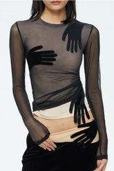 Mesh Velvet Patchwork Palm Print Mesh Top