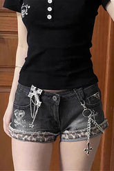 Punk Skull Stitched Slim Denim Shorts