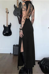 Halloween Gothic Rose Print Backless Long Dress