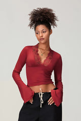 Slim Deep V Bell Sleeve Lace Trim Knit Top