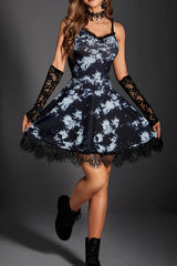 Grunge Tie Dye Ruched Lace Trim Backless Mini Dress