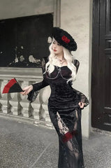 Gothic Y2k Lace Patchwork Long Sleeve Slim Black Maxi Dress