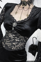 Dark Gothic Lace Fitted Flared-sleeve Hollow-out Maxi Dress