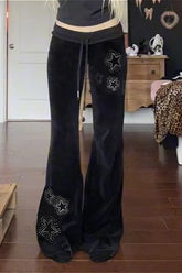 Star Studded Ribbed Trim Drawstring Velvet Pants