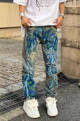 Ripped Printed Stretch Slim Denim Pants