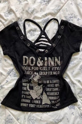 Trendy Y2K Letter Print V-neck Fitted T-shirt