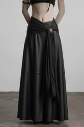 Dark Fashion Asymmetrical Ring-Tie Leather Skirt