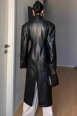Fitted Shoulder Pad Leather Long Coat