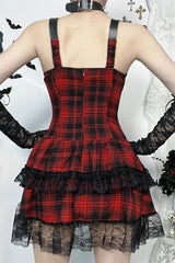 Red Plaid Lace Patchwork PU Strap High Waist Mini Dress