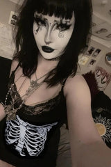 Skull Print Lace Patchwork Spaghetti Strap Bodycon Mini Dress