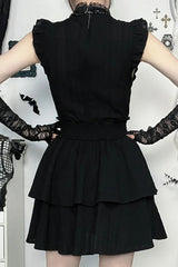 Dark Alt Gothic Sleeveless Lace Patchwork Slim Waisted Mini Dress