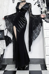 Goth Dark Lace Velvet Batwing Sleeve Maxi Dress