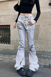 Distressed Dyed Curved Buttoned Denim Pants