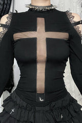 Gothic Cross Sheer Long Sleeve T-Shirt