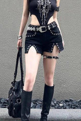 Low Waisted Slit Detail Denim Shorts