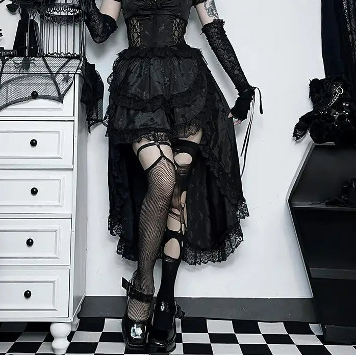 Asymmetric Pleated Lace Black Midi Dress