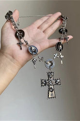 Dark Contract Punk Cross Button Necklace