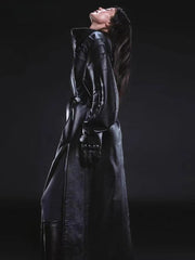 Double-Slit PU Leather Long Coat