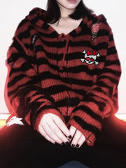 Harajuku Gothic Skull Striped Knitted Zipper Hoodie