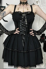 Dark Gothic Lace Patchwork High Waist Bandage Lolita Mini Dress