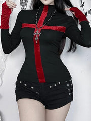 Dark Gothic Knitted Cross-paneled Long-sleeve Knit Top