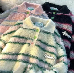 Vintage Striped Polo Collar Long Sleeve Loose Knit Sweater