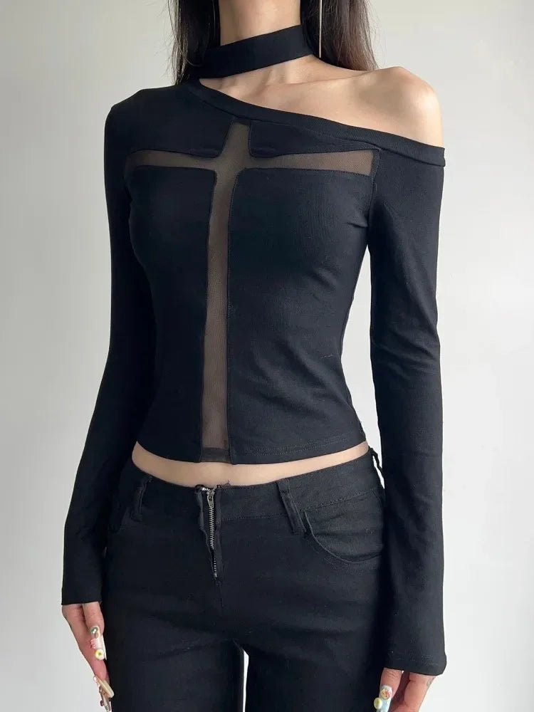 Cross Mesh Patchwork Knit Top