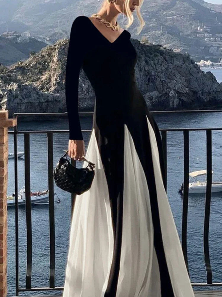 Patchwork Hem Long Sleeve Maxi Dress