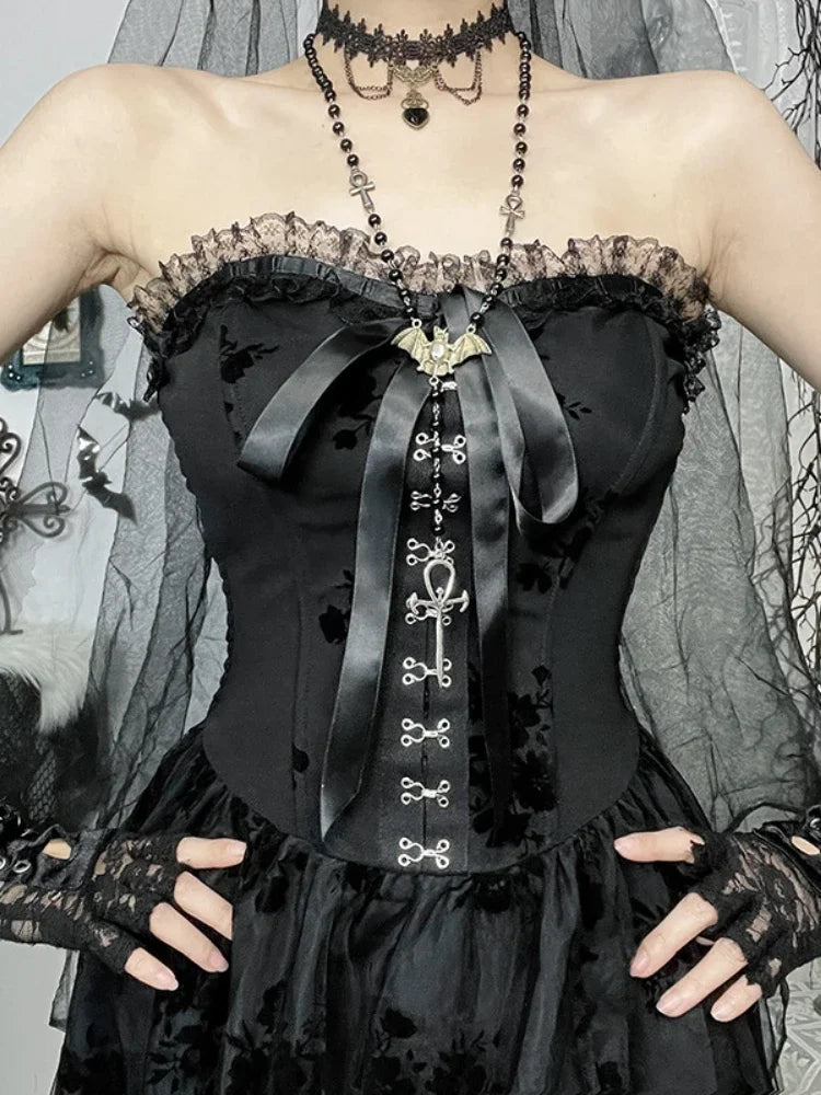 Dark Florals Mesh Corset Midi Dress